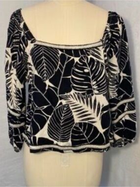NWT Cynthia Rowley Black & White Leaf-Print Square Neck Women's Top 100% linen